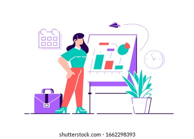 Confident young woman standing near flip chart and pointing graph and diagram. Creative business concept. Office interior. Flat style modern design vector illustration for web page, cards, poster