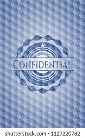 Confidential blue badge with geometric pattern background.