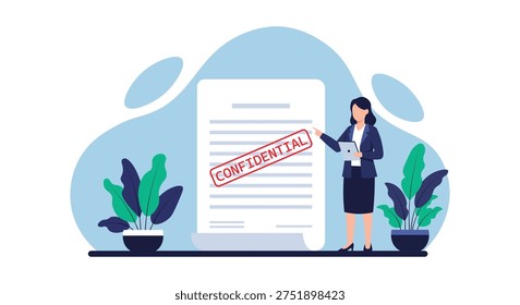 Confidential Business Document with Security Stamp – Data Privacy and Information Protection Flat Vector Illustration