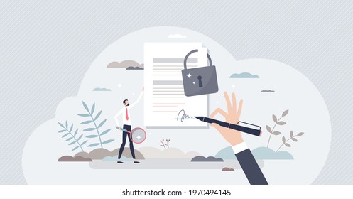 Confidential or classified document with padlock protection tiny person concept. Safe and seal files for data privacy and private note or agreement vector illustration. Confidential contract signature