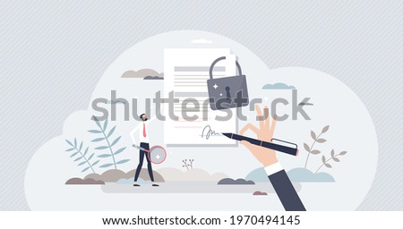 Confidential or classified document with padlock protection tiny person concept. Safe and seal files for data privacy and private note or agreement vector illustration. Confidential contract signature