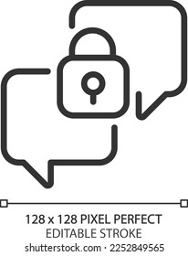 Vertrauliche Konversation Pixel perfekte Linearsymbol. Chatballons mit Schloss. Sicherer Kommunikationskanal. Dünne Illustration. Contour-Symbol. Vektorgrafik-Zeichnung. Bearbeitbarer Hub