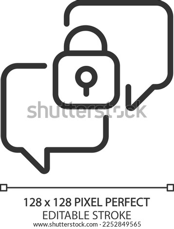 Confidential conversation pixel perfect linear icon. Chat balloons with padlock. Safe communication channel. Thin line illustration. Contour symbol. Vector outline drawing. Editable stroke