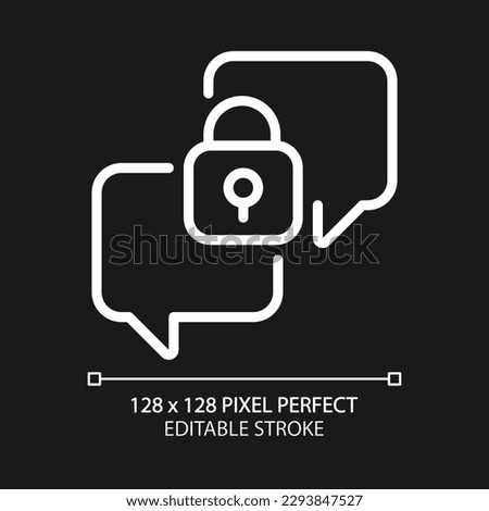 Confidential conversation pixel perfect white linear icon for dark theme. Chat balloons with padlock. Safe communication. Thin line illustration. Isolated symbol for night mode. Editable stroke