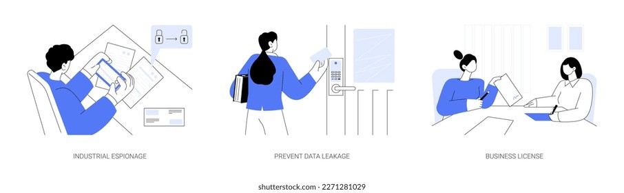 Conjunto de ilustraciones vectoriales de concepto abstracto de datos confidenciales. Espionaje industrial, prevención de fugas de datos, licencia comercial, secreto comercial, clave inalámbrica, metáfora abstracta de papeleo corporativo.