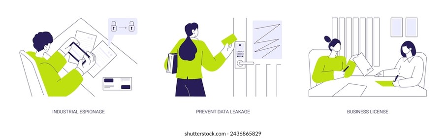 Conjunto de ilustración vectorial de concepto abstracto de datos confidenciales. Espionaje industrial, evitar fugas de datos, licencia comercial, secreto comercial, clave inalámbrica, metáfora abstracta de papeleo corporativo.