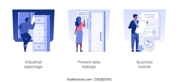 Conjunto de ilustraciones vectoriales de concepto aislado de datos confidenciales. Espionaje industrial, prevención de fugas de datos, licencia comercial, secreto comercial, clave inalámbrica, caricatura del vector de papeles corporativos.