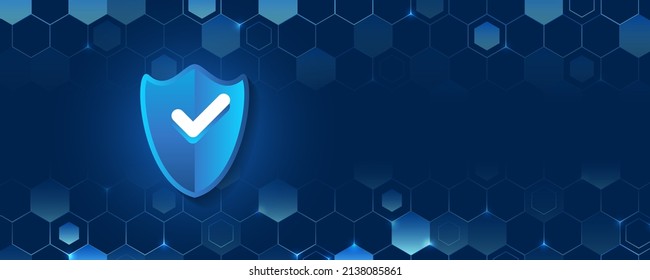 Confidential data protection. Cybersecurity or information privacy idea. Shield on the blue hexagons background. Internet security technology concept for business.
