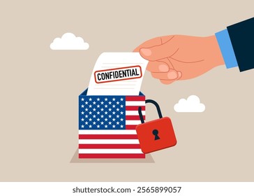 Confidential document. Locked with padlock box United States of America. Modern flat vector illustration 