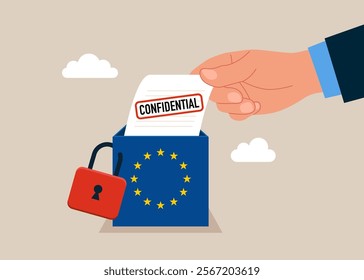 Confidential document. Locked with padlock box European union. Modern flat vector illustration 