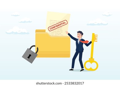 Confidential document, privacy protection or secret secured lock, safety or security to archive file or document, accessibility control concept, businessman lock document file folder with padlock