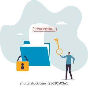 Confidential document, privacy protection or secret secured lock, safety or security to archive file or document, accessibility control.business concept.flat character.