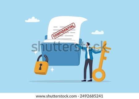 Confidential document, privacy protection or secret secured lock, safety or security to archive file or document, accessibility control concept, businessman lock document file folder with padlock.