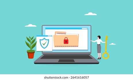 confidential document, security or protection for archiving important files or documents, secret security key for privacy protection, woman locks document folder on laptop with security padlock