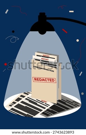Confidential Files Folder with Redacted Reports under Spotlight, vector illustration