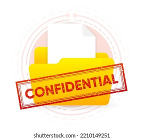 Confidential grunge stamp on folder with files. Red badge in shabby style. Vector illustration.