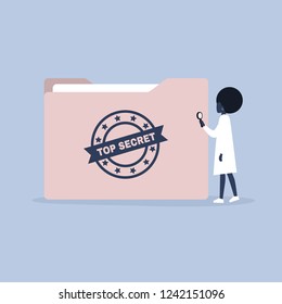 Confidential information. Classified files. Cyber security. Paper folder with a Top secret stamp. Young black female character holding a magnifying glass. Flat editable vector illustration, clip art