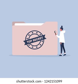 Confidential information. Classified files. Cyber security. Paper folder with a Top secret stamp. Young female character holding a magnifying glass. Flat editable vector illustration, clip art