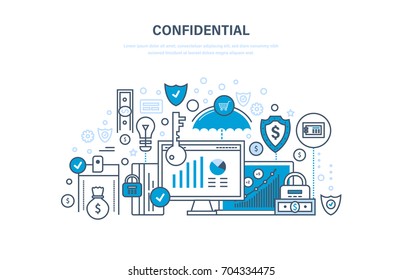 Confidential Information. Encryption And Data Protection. Protection Of Data Integrity, Security Of Finance And Financial Operations, Secrecy. Illustration Thin Line Design Of Vector Doodles.