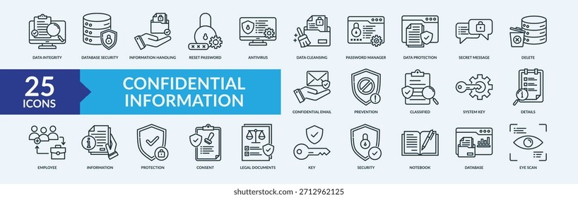 Confidential information icon set. Containing legal documents,key,security,notebook,database,eye scan and more. Outline vector icons collection