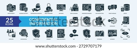 Confidential information icon set. Containing legal documents, security, notebook, eye scan and more. Outline vector icons collection