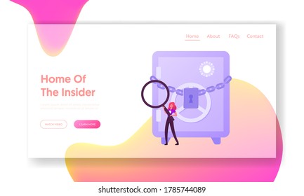 Confidential Information Research Landing Page Template. Tiny Female Character with Huge Magnifying Glass and Badge. Insider Employee at Safe Closed on Chain with Lock. Cartoon Vector Illustration