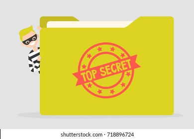 Confidential information stealing. Cyber security. Yellow folder with a Top secret stamp. Flat editable vector illustration, clip art