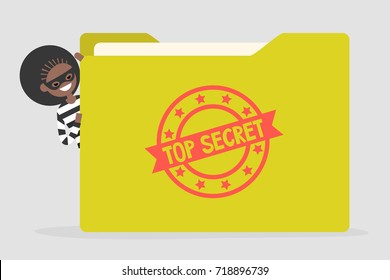 Confidential information stealing. Cyber security. Yellow folder with a Top secret stamp. Flat editable vector illustration, clip art