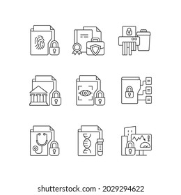 Confidential information types linear icons set. Biometric data. Paper shredding. National security. Customizable thin line contour symbols. Isolated vector outline illustrations. Editable stroke