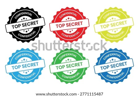 Confidential label set. Confidential stamp badge, top secret label, seal, security sign, private information sticker, logo, secret mark, classified confidential stamp design.