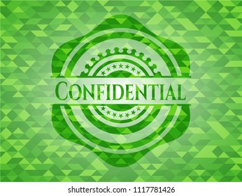 Confidential realistic green emblem. Mosaic background