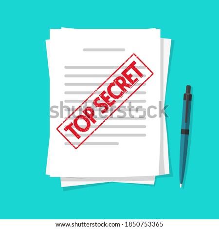 Confidential secret document information or text file old rubber stamp vector flat cartoon illustration, idea of private restricted data report page with pen on table desk