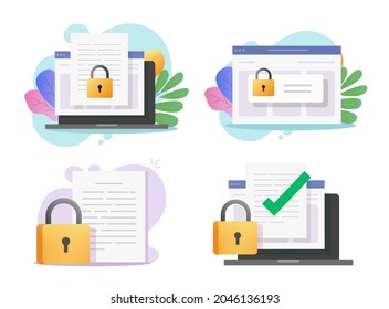 Datos confidenciales de computadora digital segura en línea en documentos electrónicos web y acceso secreto protegido a la información a través de ilustración de dibujos animados planos del vector de bloqueo, concepto de permiso de privacidad del sitio web 