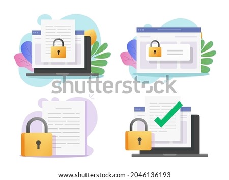 Confidential secure online digital computer data on web electronic document and secret protected access to information via lock vector flat cartoon illustration, website privacy permission concept 