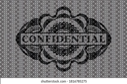 Confidential text inside black abstract emblem. Pattern delicate background. Intense illustration. 