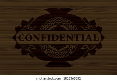 Confidential text inside dark wood realistic badge. Brown luxurious background. Intense illustration. 