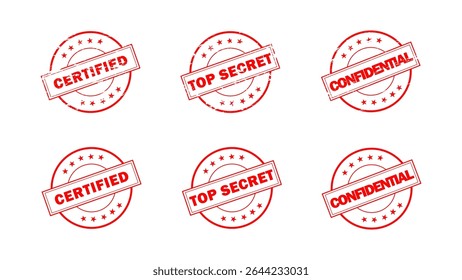 Confidencial, Top Secret, Certificado ícone de selo redondo estilo angustiado grunge. Vermelho Confidencial, Secreto, Selo certificado isolado no fundo branco. Ilustração vetorial.
