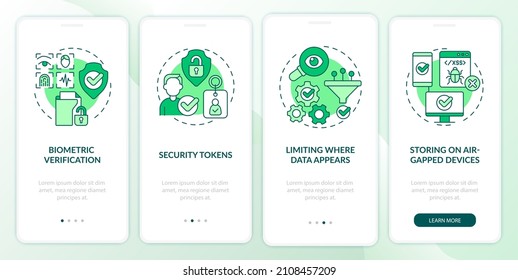Confidentiality countermeasures green onboarding mobile app screen. Safe walkthrough 4 steps graphic instructions pages with linear concepts. UI, UX, GUI template. Myriad Pro-Bold, Regular fonts used