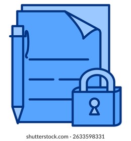 Icono de confidencialidad representado por papel, pluma, candado estilo azul.