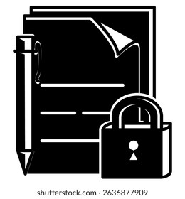 Confidentiality icon represented by paper, pen, padlock Black Filled style.