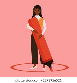 Confidencialidad, privacidad y protección de los límites personales de la ilustración vectorial. Caricatura de una diminuta mujer aislada que sostiene un gran marcador para trazar una línea circular para proteger el espacio personal y las fronteras adentro