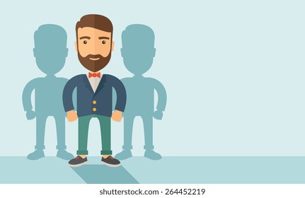 A confidently, contented young Caucasian hipster man with beard  happily standing showing that he is successful in life about teambuilding sprite. Happy, winner concept. A contemporary style with