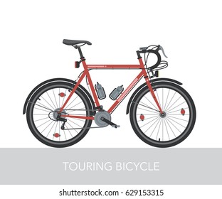 Configuration of city, touring or trekking bicycle. Bike for long distance travel around the world. Steel frame and heavy equipped bicycle. Ecology transport. Detailed vector illustration.