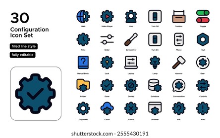 Configuration Filled Line Icon Set: System Preferences, Device Settings, and Customization Icons