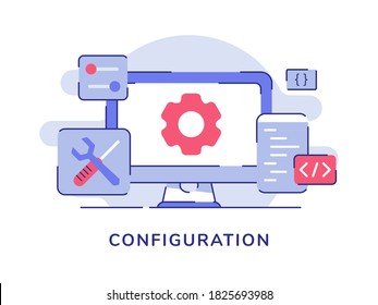 Configuration gear on display computer screen setting screwdriver wrench coding code white isolated background with flat outline style