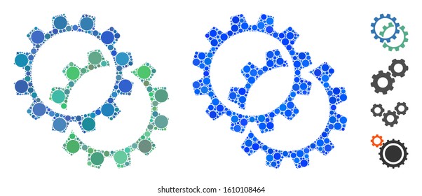 Configuration gears mosaic of filled circles in different sizes and shades, based on configuration gears icon. Vector small circles are organized into blue mosaic.