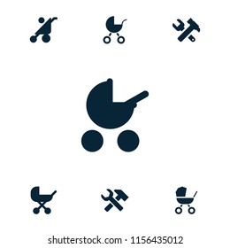 Configuration icon. collection of 7 configuration filled icons such as baby stroller. editable configuration icons for web and mobile.