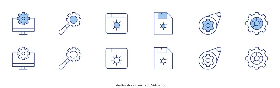 Configuration icon set in two styles, Duotone and Thin Line style. Editable stroke. diskette, setting, gear, searching, broswer.