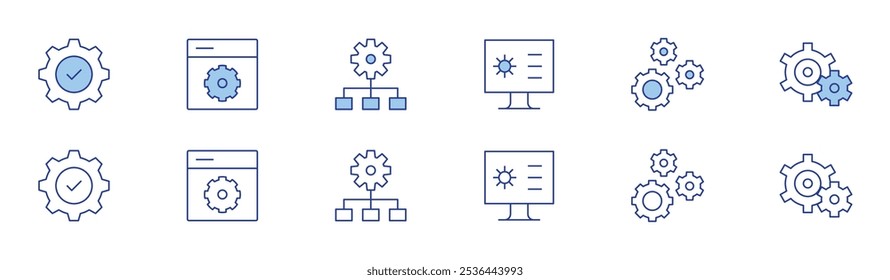 Icono de configuración establecido en dos estilos, Duotone y estilo de línea fina. Trazo editable. monitor, configuración, Configuraciones.