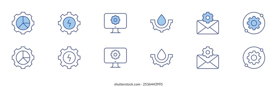 Konfigurationssymbol in zwei Stilen, Duotone und Thin Line Stil. Bearbeitbarer Strich. Wassertropfen, Post, Analytik, Einstellungen, Video, Konfiguration.